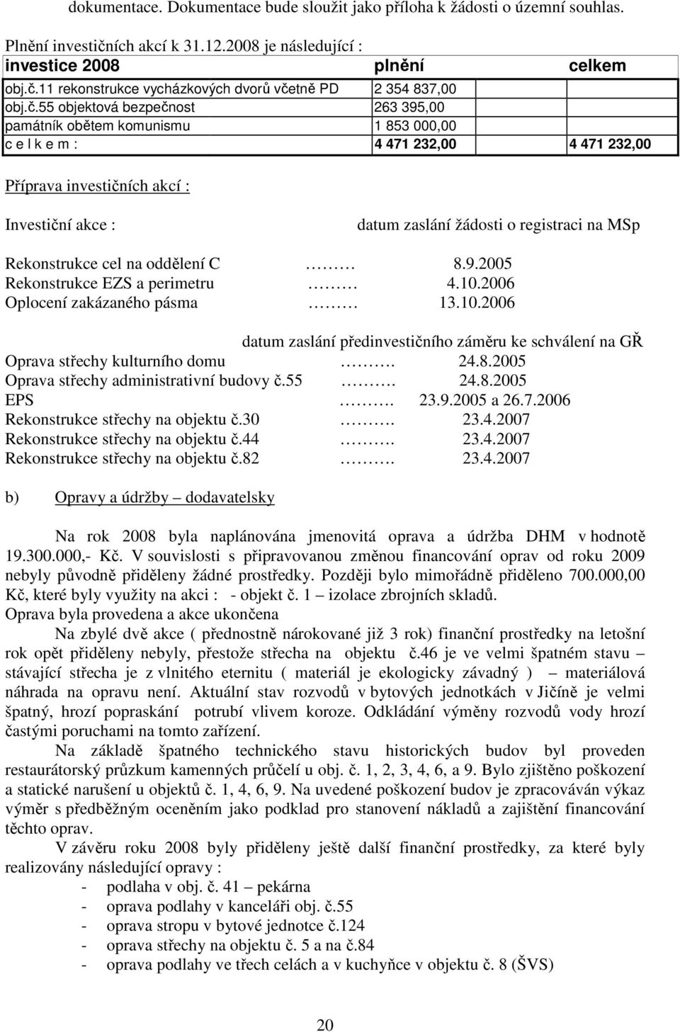 na MSp Rekonstrukce cel na oddělení C 8.9.2005 Rekonstrukce EZS a perimetru 4.10.2006 Oplocení zakázaného pásma 13.10.2006 datum zaslání předinvestičního záměru ke schválení na GŘ Oprava střechy kulturního domu.