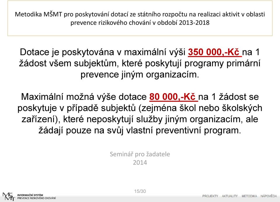 Maximální možná výše dotace 80 000,-Kč na 1 žádost se poskytuje v případě subjektů (zejména