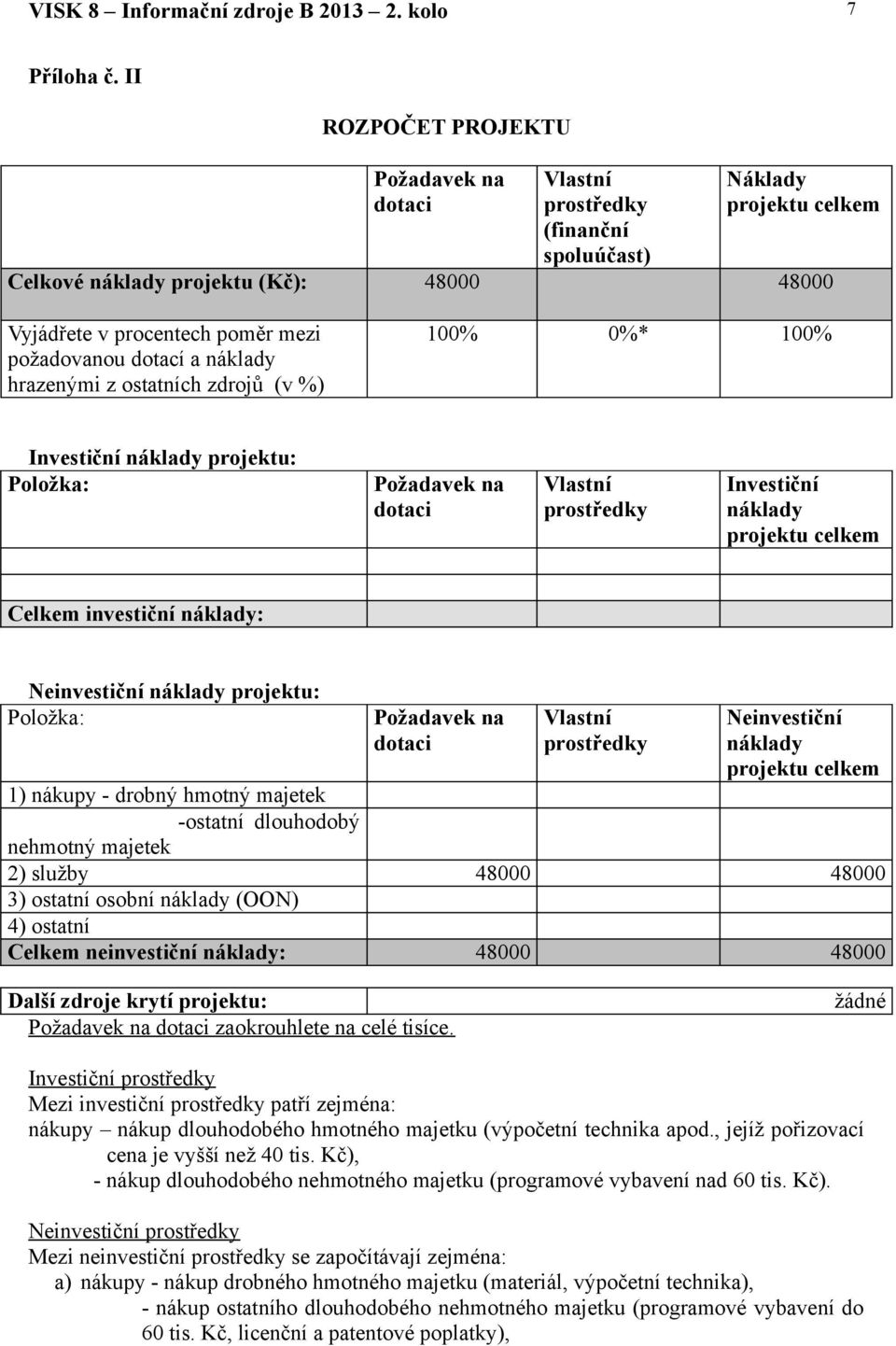 dotací a náklady hrazenými z ostatních zdrojů (v %) 100% 0%* 100% Investiční náklady projektu: Položka: Požadavek na dotaci Vlastní prostředky Investiční náklady projektu celkem Celkem investiční