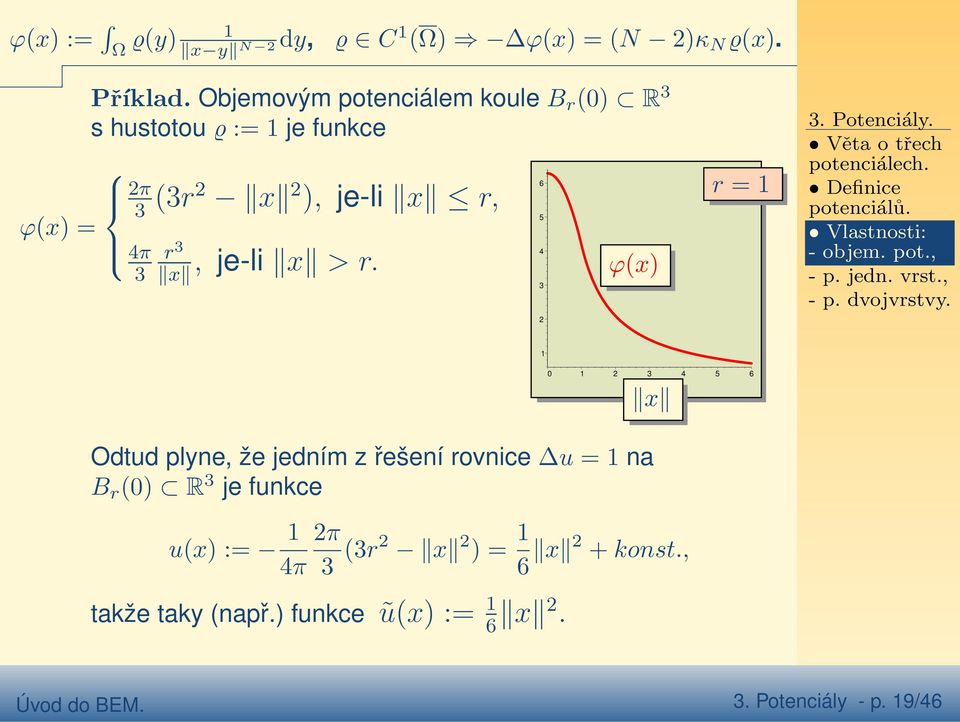 x 6 5 4 3 2 ϕx) r = 3. Potenciály. Věta o třech potenciálech. Definice potenciálů. Vlastnosti: - objem. pot., - p. jedn. vrst.