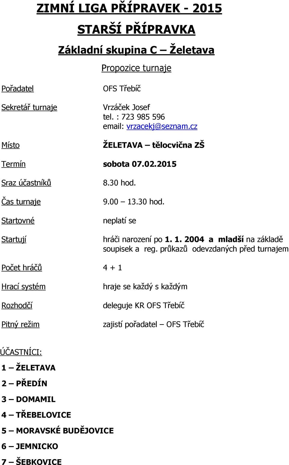 9.00 13.30 hod. neplatí se hráči narození po 1. 1. 2004 a mladší na základě soupisek a reg.