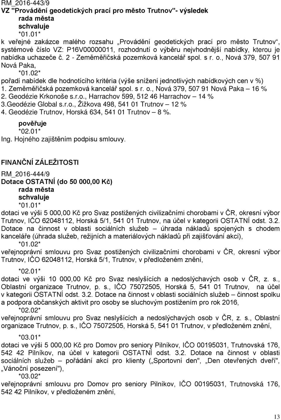 02* pořadí nabídek dle hodnotícího kritéria (výše snížení jednotlivých nabídkových cen v %) 1. Zeměměřičská pozemková kancelář spol. s r. o., Nová 379, 507 91 Nová Paka 16 % 2. Geodézie Krkonoše s.r.o., Harrachov 599, 512 46 Harrachov 14 % 3.