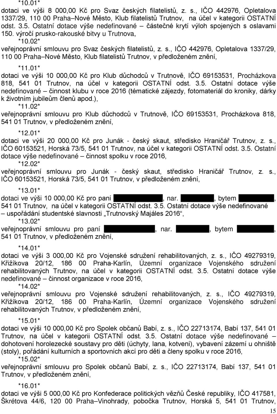 01* dotaci ve výši 10 000,00 Kč pro Klub důchodců v Trutnově, IČO 69153