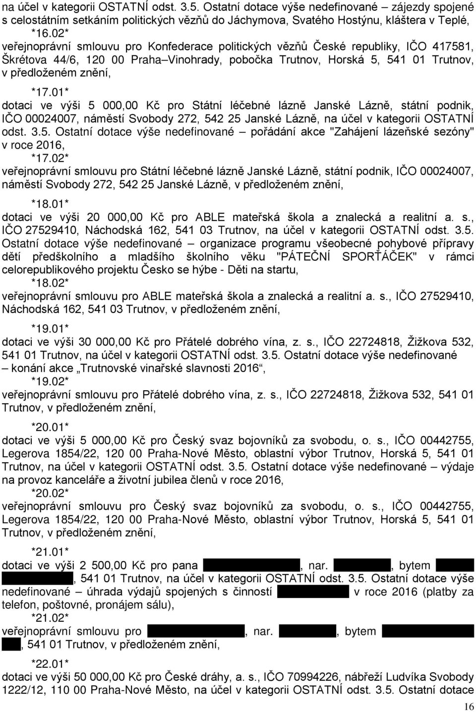01* dotaci ve výši 5 000,00 Kč pro Státní léčebné lázně Janské Lázně, státní podnik, IČO 00024007, náměstí Svobody 272, 542 25 Janské Lázně, na účel v kategorii OSTATNÍ odst. 3.5. Ostatní dotace výše nedefinované pořádání akce "Zahájení lázeňské sezóny" v roce 2016, *17.