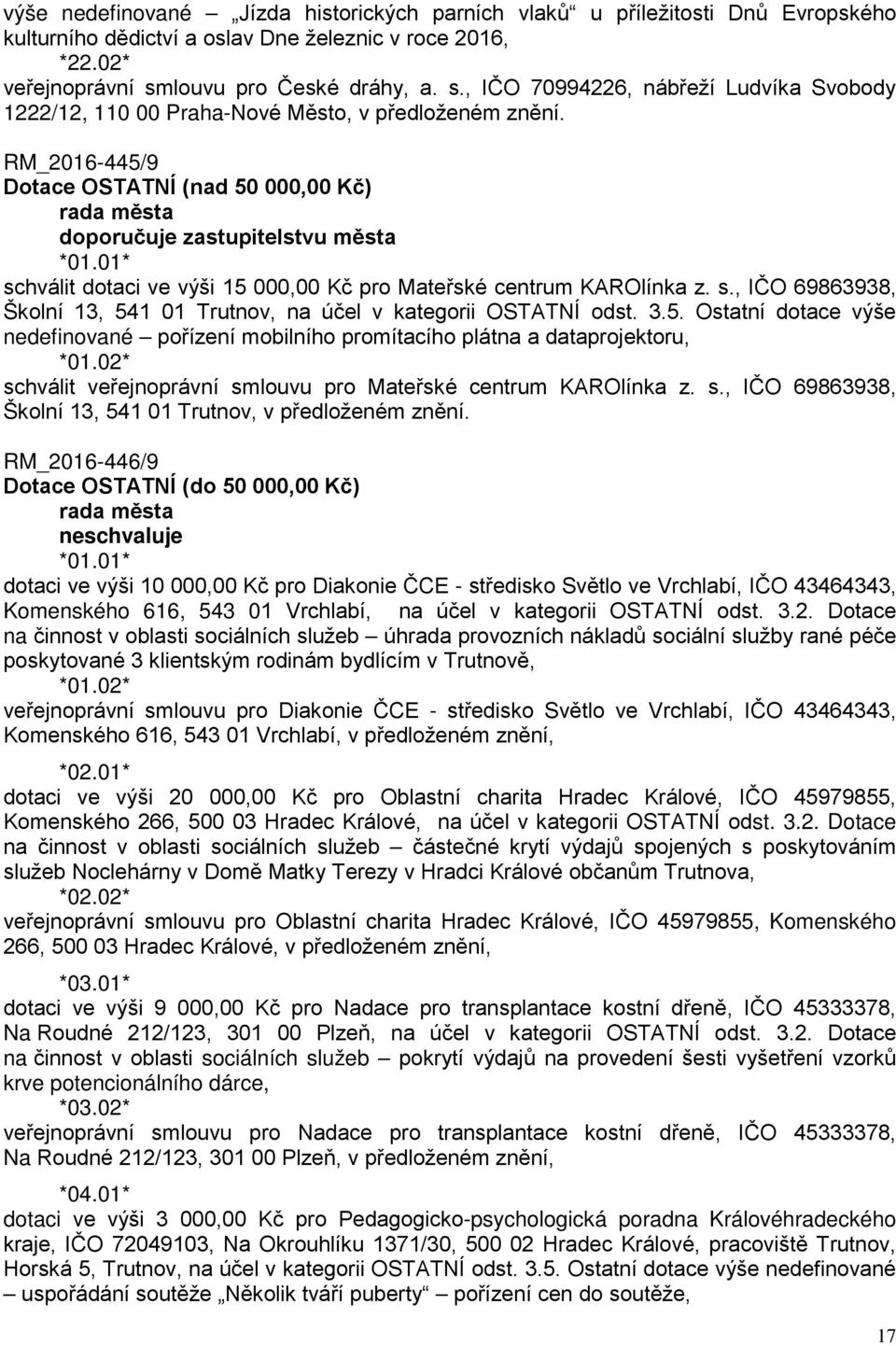 RM_2016-445/9 Dotace OSTATNÍ (nad 50 000,00 Kč) doporučuje zastupitelstvu města schválit dotaci ve výši 15 000,00 Kč pro Mateřské centrum KAROlínka z. s., IČO 69863938, Školní 13, 541 01 Trutnov, na účel v kategorii OSTATNÍ odst.
