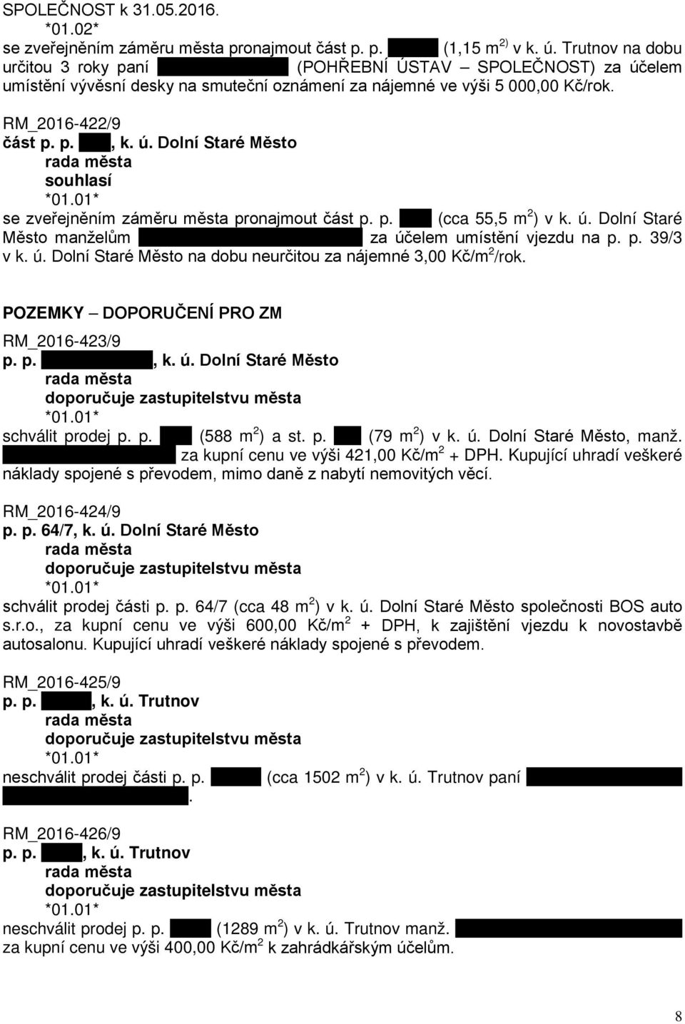p. (cca 55,5 m 2 ) v k. ú. Dolní Staré Město manželům za účelem umístění vjezdu na p. p. 39/3 v k. ú. Dolní Staré Město na dobu neurčitou za nájemné 3,00 Kč/m 2 /rok.