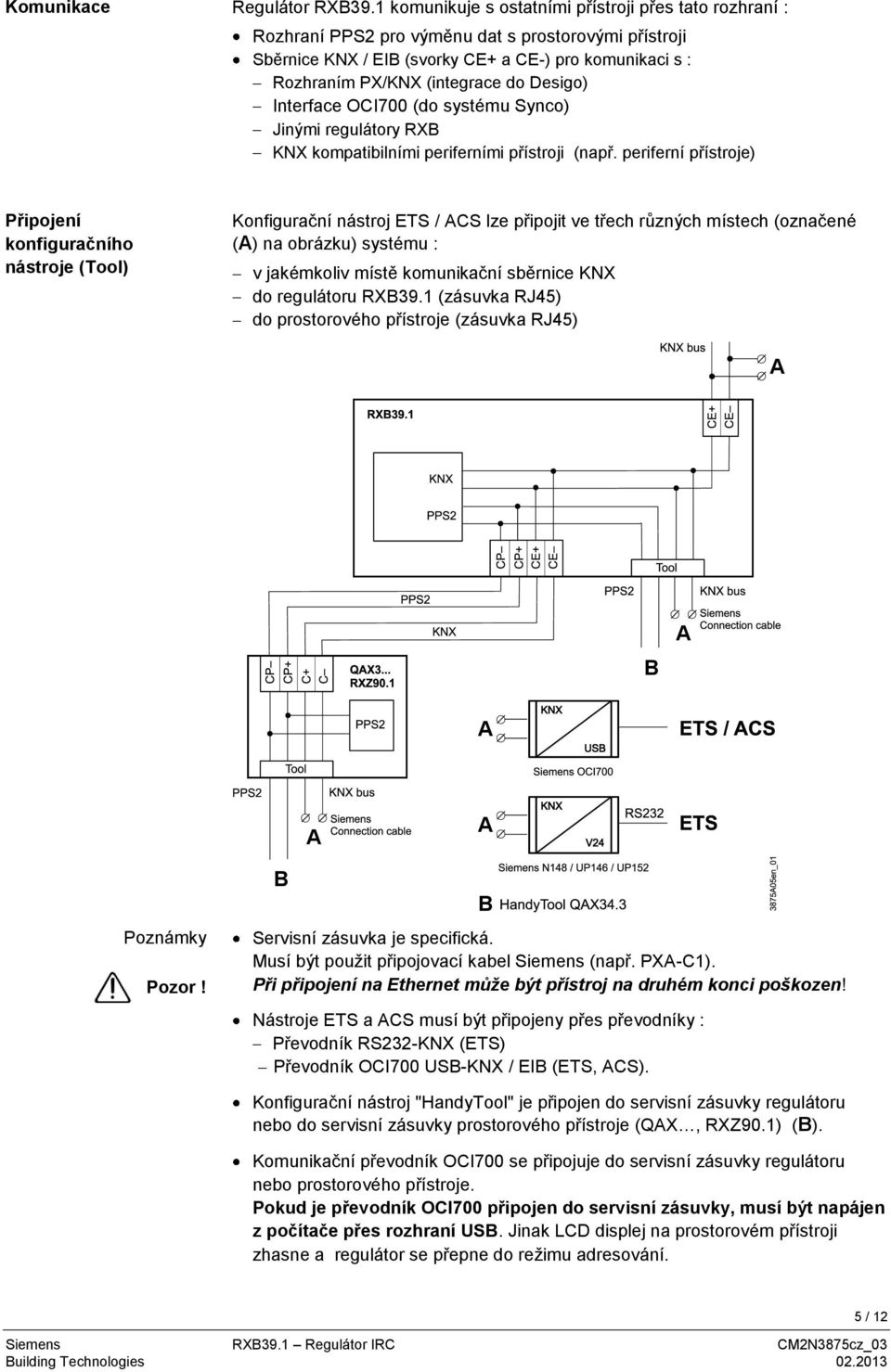 Desigo) Interface OCI700 (do systému Synco) Jinými regulátory RXB KNX kompatibilními periferními přístroji (např.