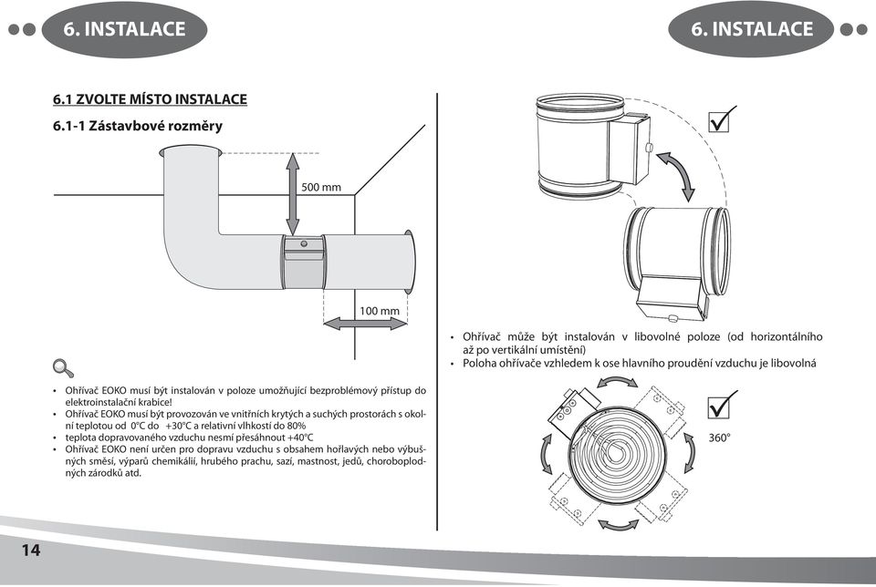 vzduchu je libovolná Ohřívač EOKO musí být instalován v poloze umožňující bezproblémový přístup do elektroinstalační krabice!