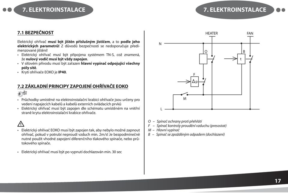 V síťovém přívodu musí být zařazen hlavní vypínač odpojující všechny póly sítě. Krytí ohřívače EOKO je IP40. F O t B 7.