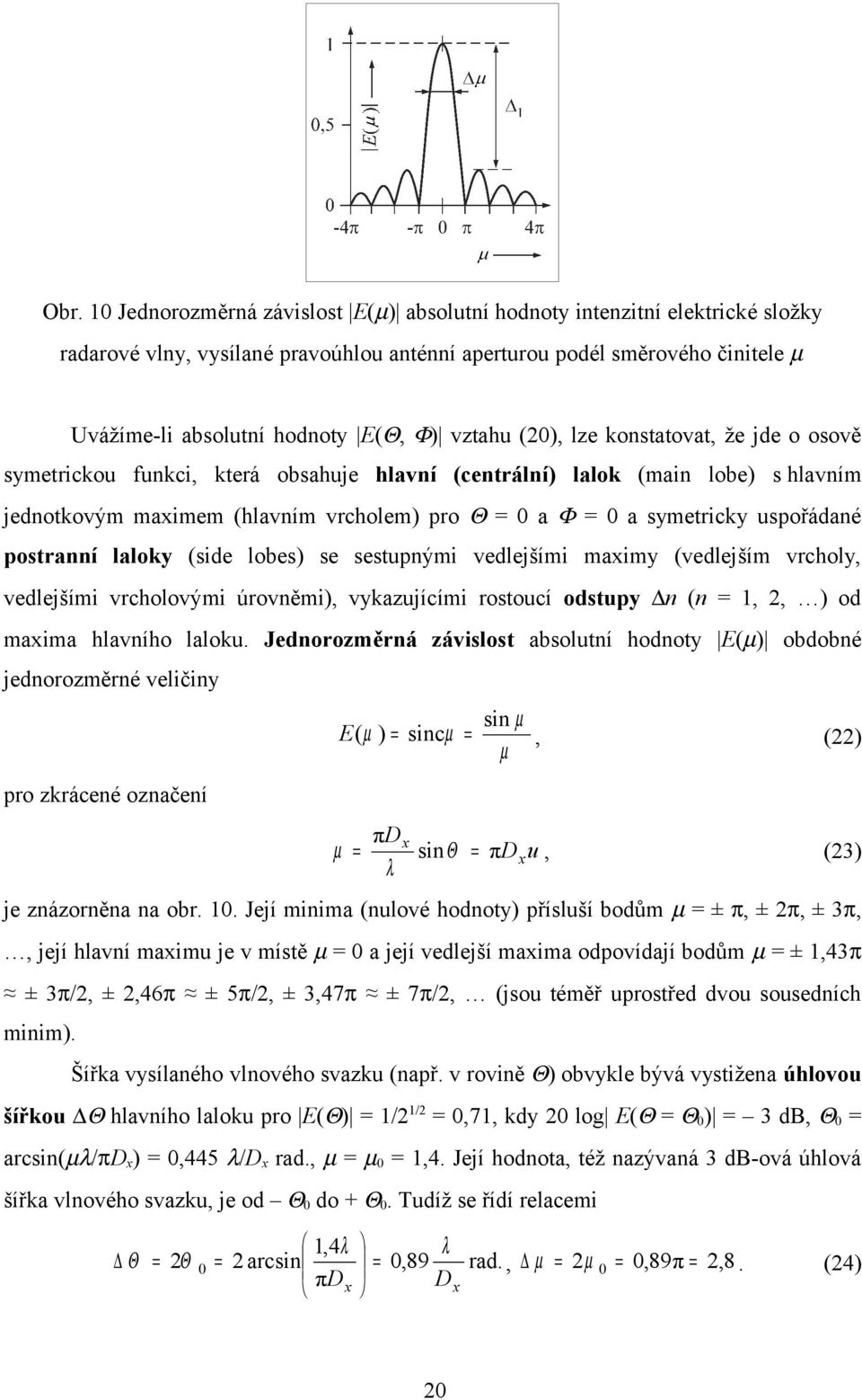 uspořádané postranní laloky (side lobes) se sestupnými vedlejšími maximy (vedlejším vrcholy, vedlejšími vrcholovými úrovněmi), vykazujícími rostoucí odstupy n (n = 1, 2, ) od maxima hlavního laloku.