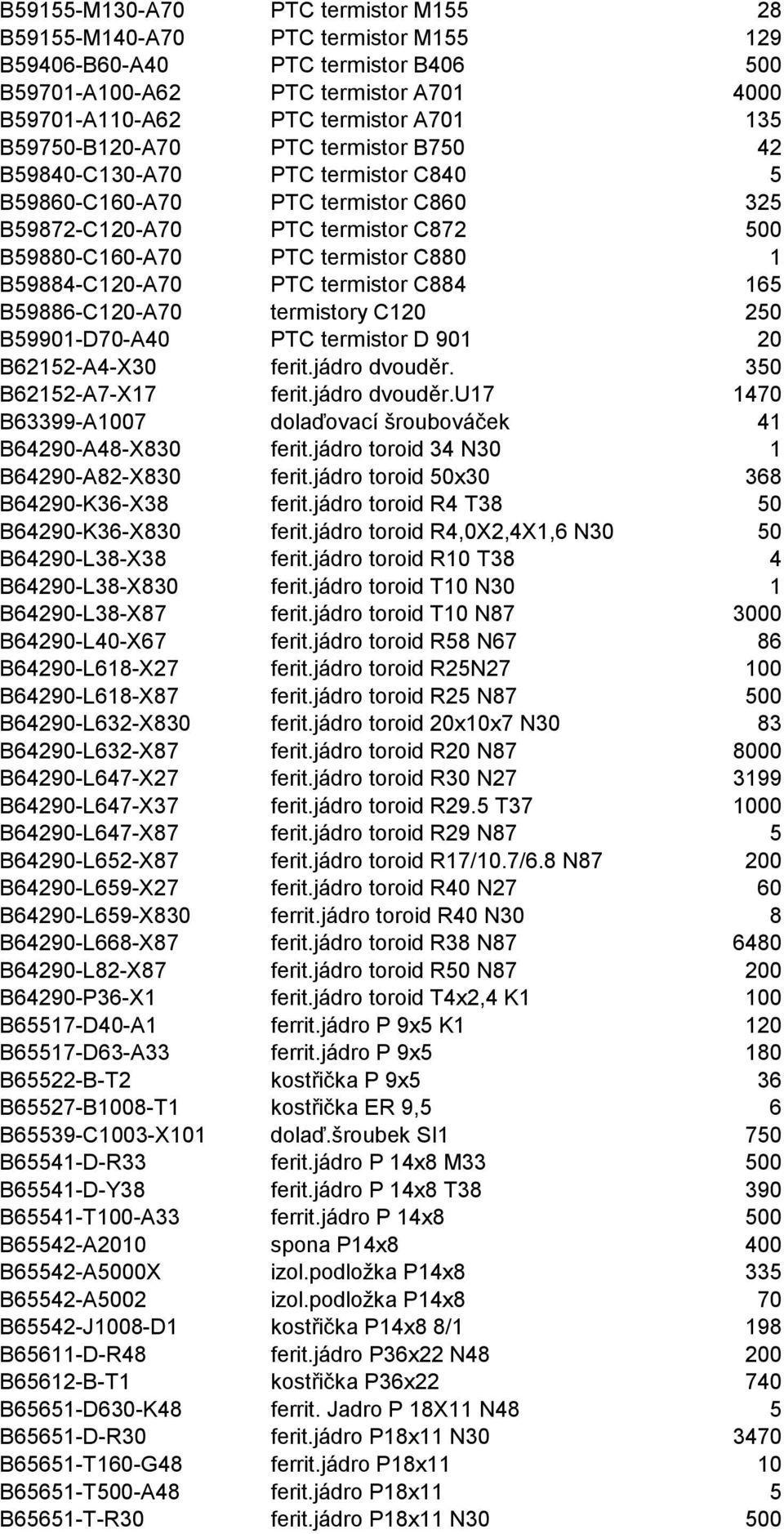 B59884-C120-A70 PTC termistor C884 165 B59886-C120-A70 termistory C120 250 B59901-D70-A40 PTC termistor D 901 20 B62152-A4-X30 ferit.jádro dvouděr.