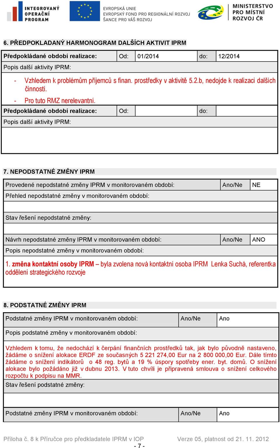 NEPODSTATNÉ ZMĚNY IPRM Provedené nepodstatné změny IPRM v monitorovaném období: Ano/Ne NE Přehled nepodstatné změny v monitorovaném období: Stav řešení nepodstatné změny: Návrh nepodstatné změny IPRM