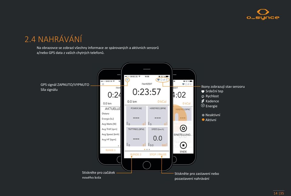 GPS signál ZAPNUTO/VYPNUTO Síla signálu Ikony zobrazují stav senzoru Srdeční tep