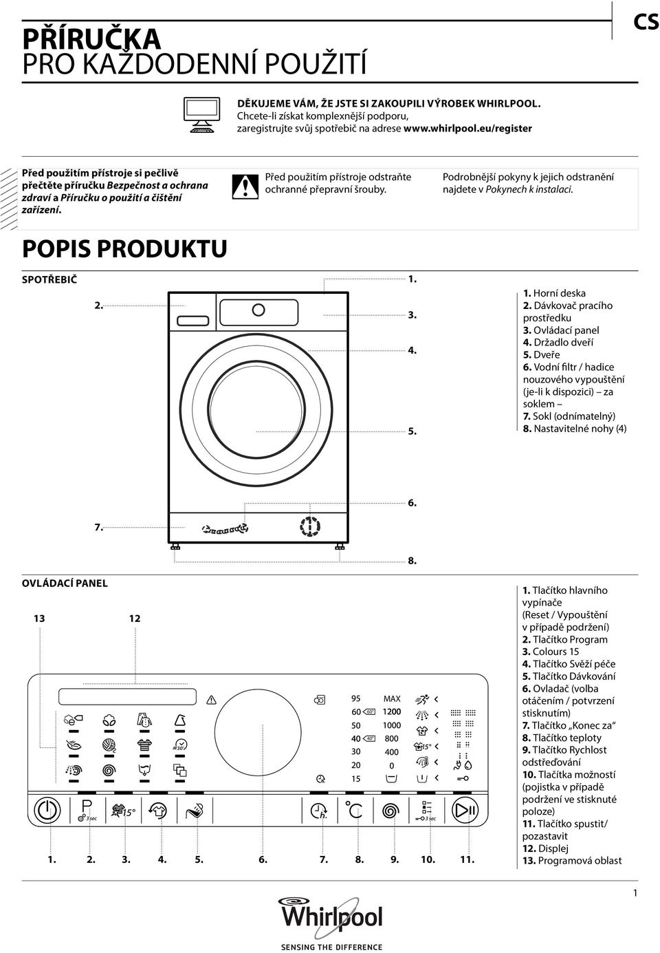 POPIS PRODUKTU Před použitím přístroje odstraňte ochranné přepravní šrouby. Podrobnější pokyny k jejich odstranění najdete v Pokynech k instalaci. SPOTŘEBIČ 2. 1. 3. 4. 5. 1. Horní deska 2.