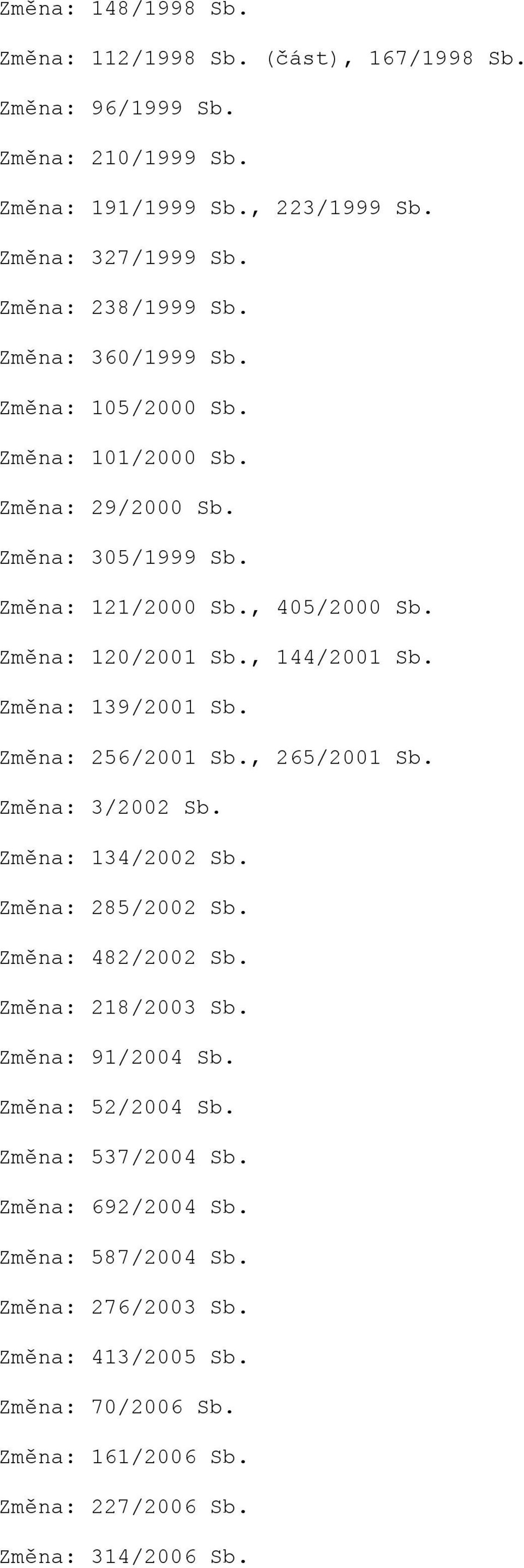 Změna: 139/2001 Sb. Změna: 256/2001 Sb., 265/2001 Sb. Změna: 3/2002 Sb. Změna: 134/2002 Sb. Změna: 285/2002 Sb. Změna: 482/2002 Sb. Změna: 218/2003 Sb. Změna: 91/2004 Sb.