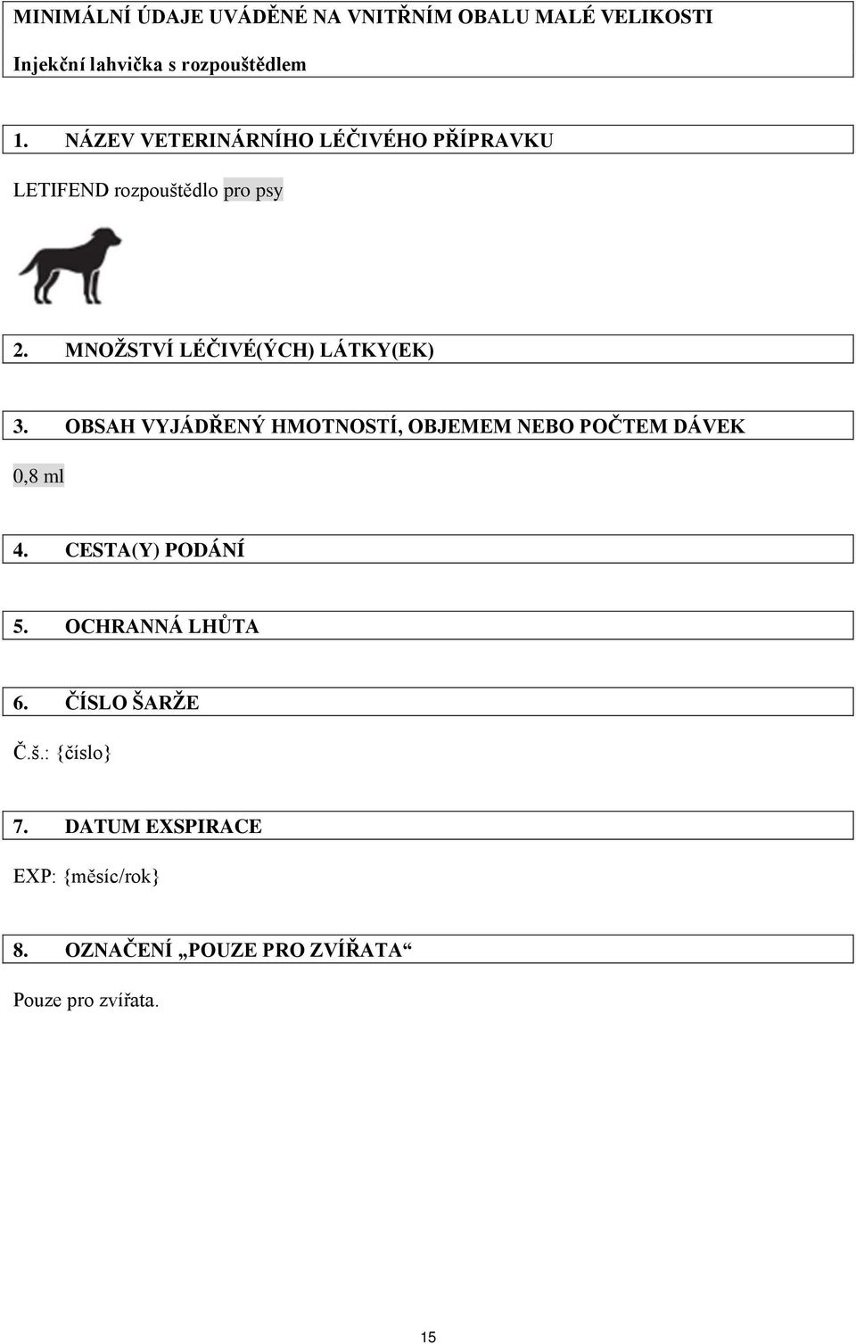 MNOŽSTVÍ LÉČIVÉ(ÝCH) LÁTKY(EK) 3. OBSAH VYJÁDŘENÝ HMOTNOSTÍ, OBJEMEM NEBO POČTEM DÁVEK 0,8 ml 4.
