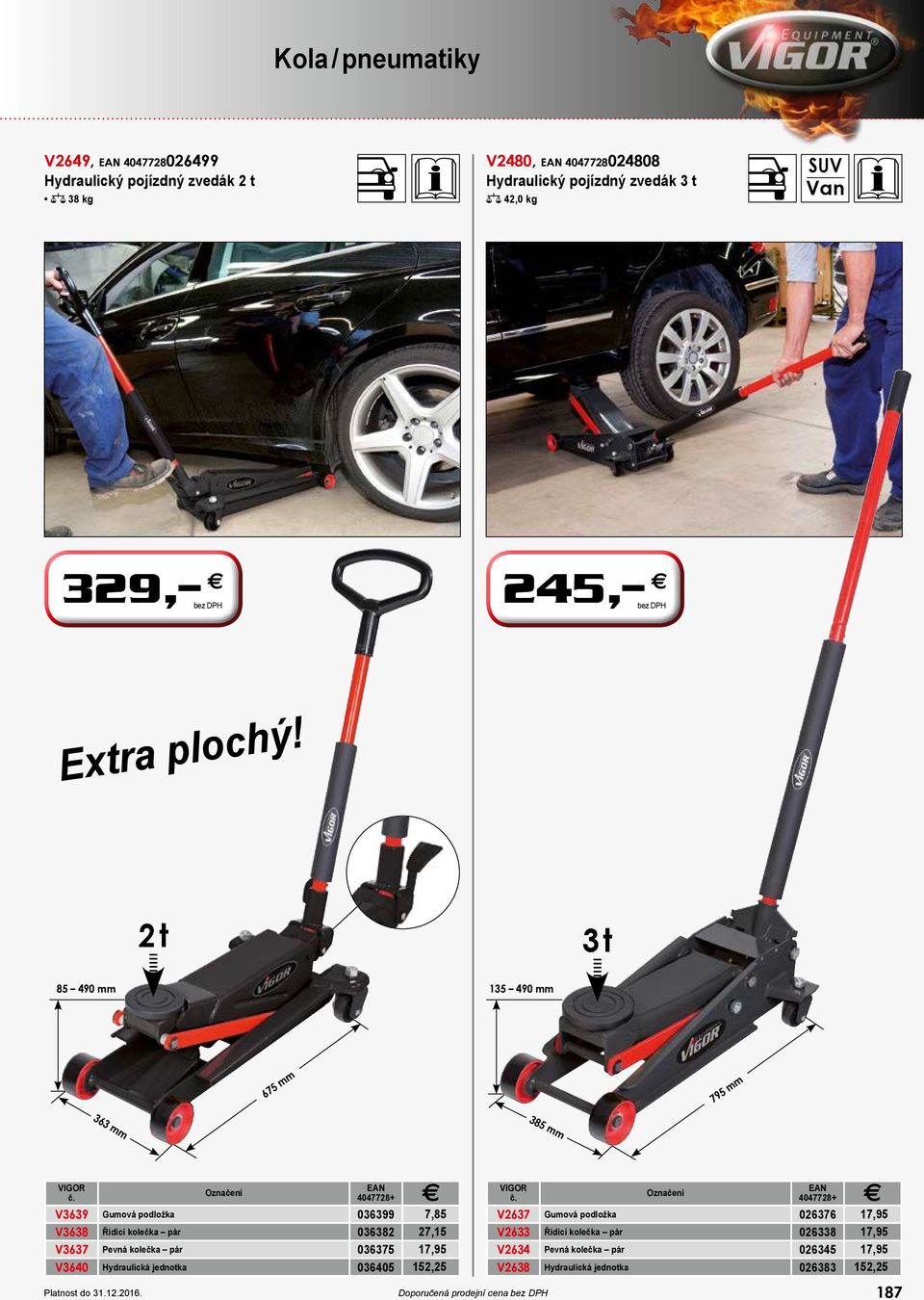 2 t 3 t 85 490 mm 135 490 mm 675 mm 795 mm V3639 V3638 V3637 V3640 Označení Gumová podložka 036399 7,85 Řídicí kolečka pár 036382 27,15