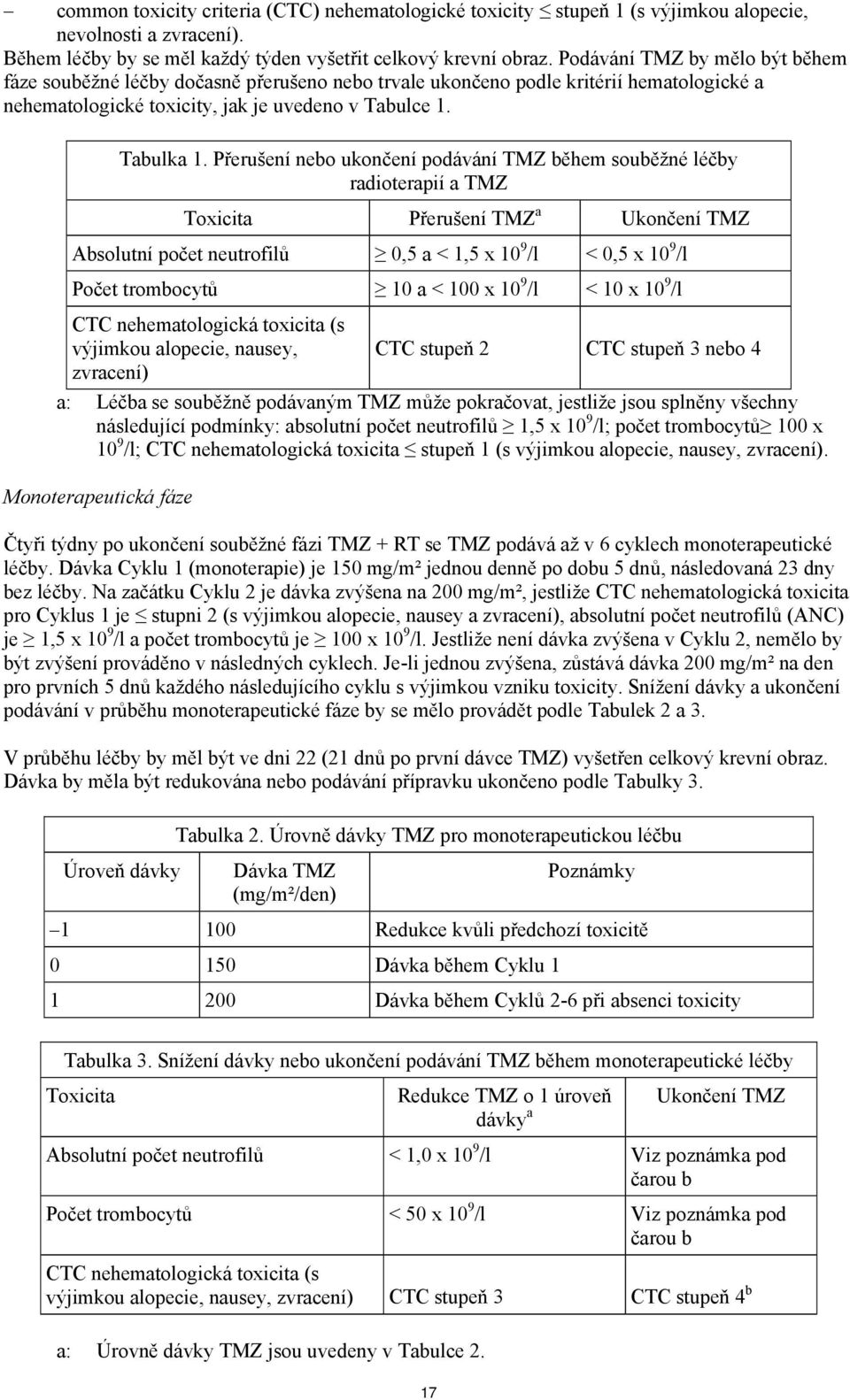 Přerušení nebo ukončení podávání TMZ během souběžné léčby radioterapií a TMZ Toxicita Přerušení TMZ a Ukončení TMZ Absolutní počet neutrofilů 0,5 a < 1,5 x 10 9 /l < 0,5 x 10 9 /l Počet trombocytů 10