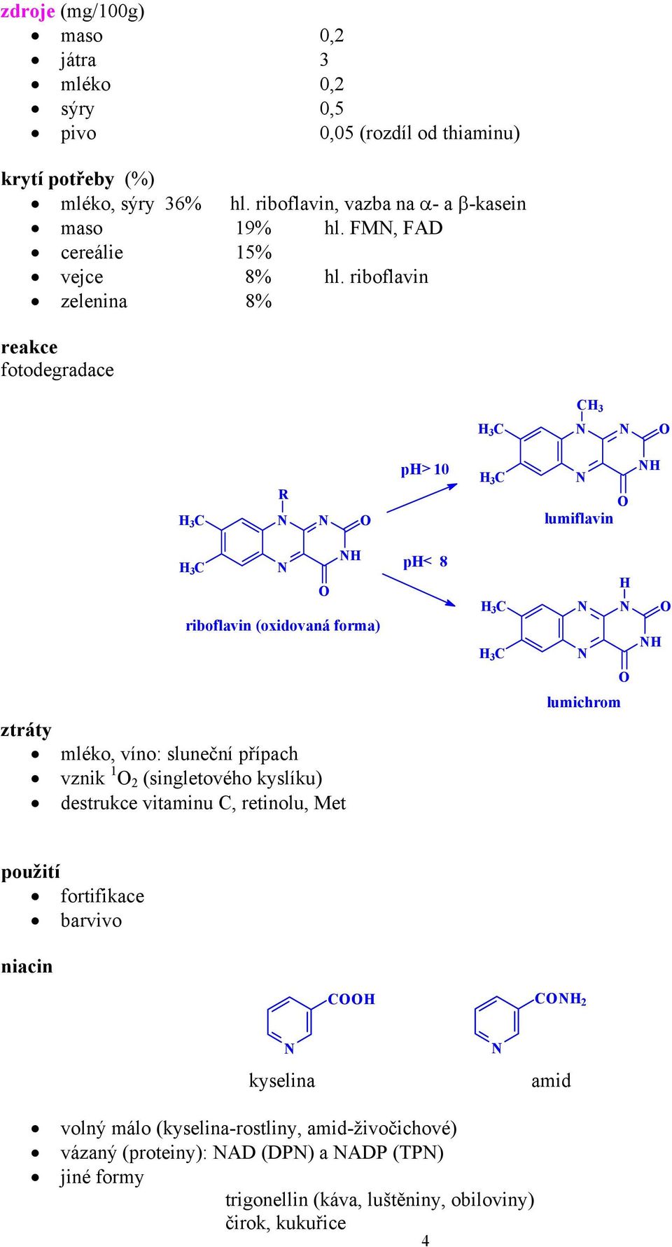 riboflavin zelenina 8% fotodegradace R p > 10 lumiflavin riboflavin (oxidovaná forma) p < 8 lumichrom ztráty mléko, víno: sluneční přípach vznik 1 2