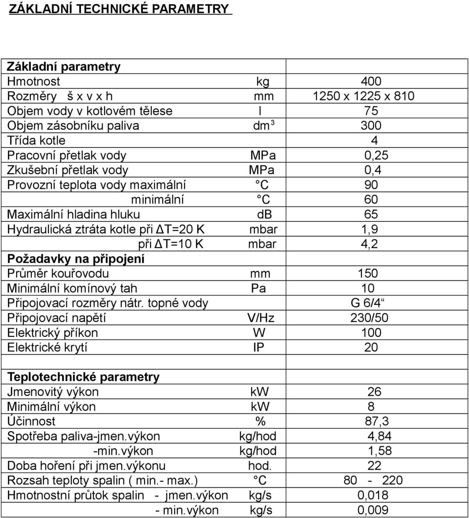 Požadavky na připojení Průměr kouřovodu mm 150 Minimální komínový tah Pa 10 Připojovací rozměry nátr.