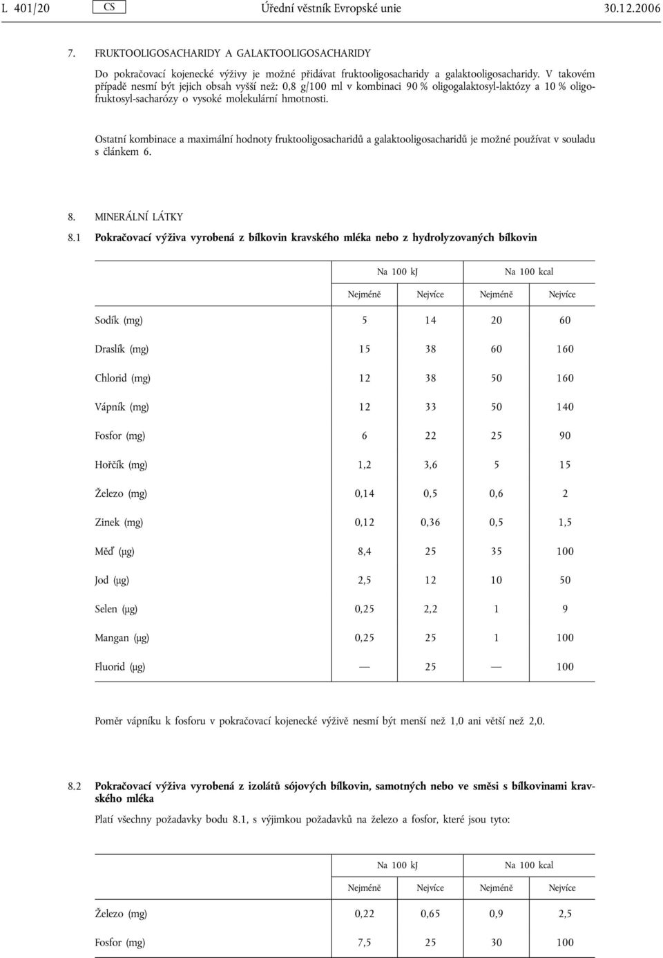 Ostatní kombinace a maximální hodnoty fruktooligosacharidů a galaktooligosacharidů je možné používat v souladu s článkem 6. 8. MINERÁLNÍ LÁTKY 8.