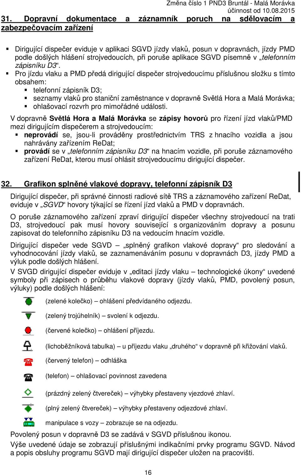 Pro jízdu vlaku a PMD předá dirigující dispečer strojvedoucímu příslušnou složku s tímto obsahem: telefonní zápisník D3; seznamy vlaků pro staniční zaměstnance v dopravně Světlá Hora a Malá Morávka;