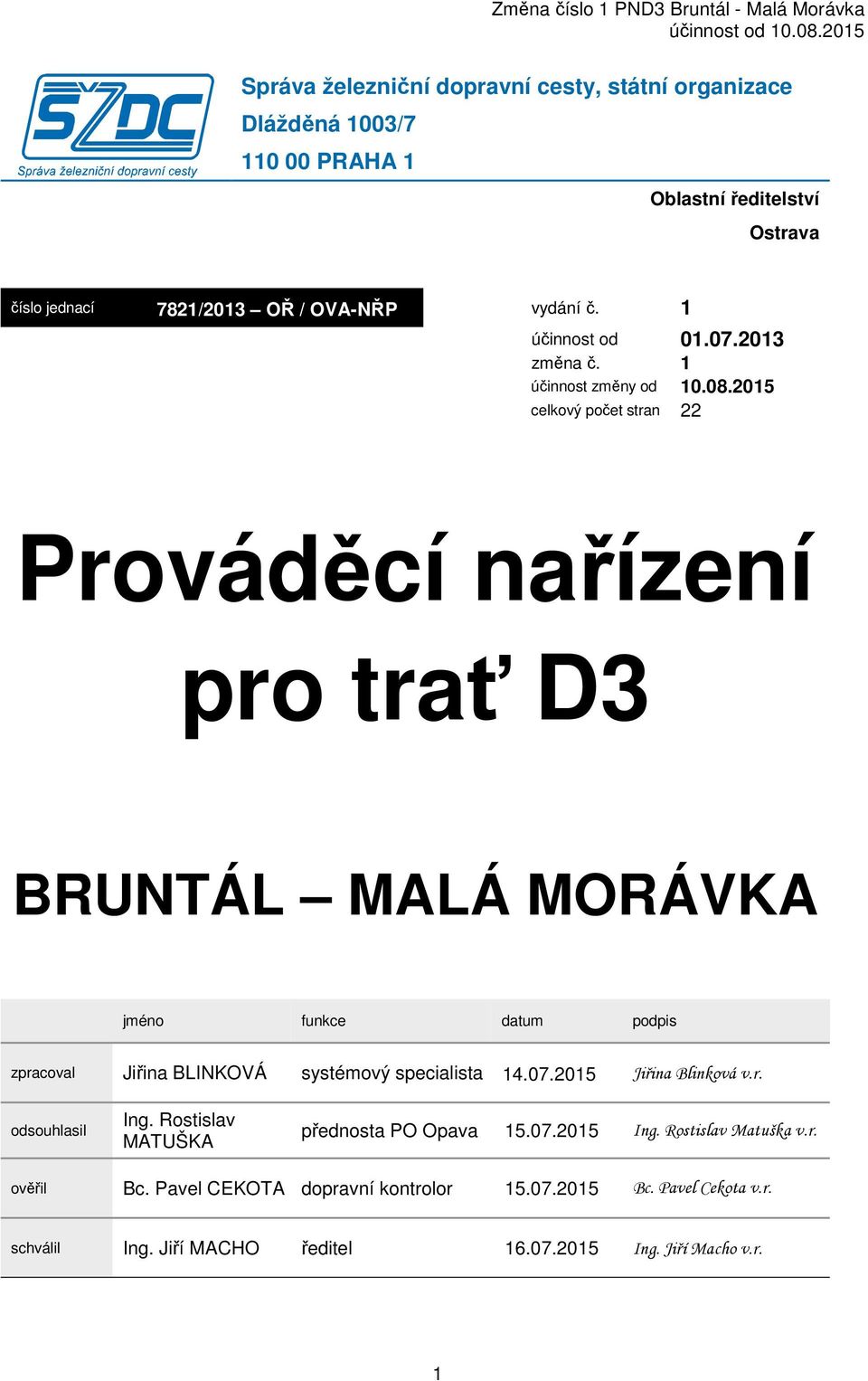 2015 celkový počet stran 22 Prováděcí nařízení pro trať D3 BRUNTÁL MALÁ MORÁVKA jméno funkce datum podpis zpracoval Jiřina BLINKOVÁ systémový specialista 14.07.