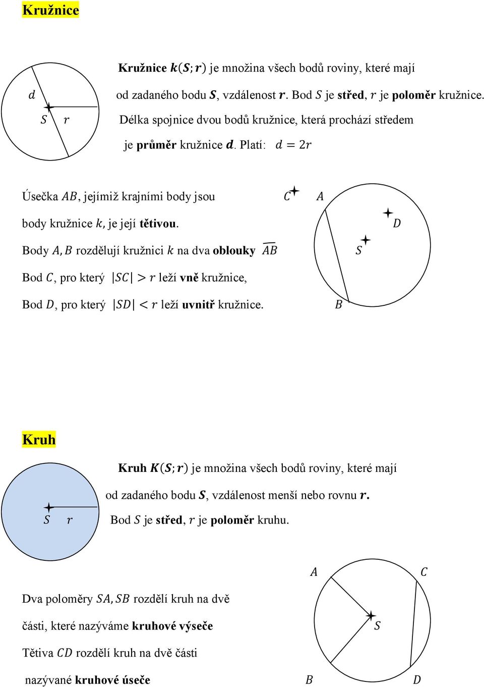 D Body A, B rozdělují kružnici k na dva oblouky AB S Bod C, pro který SC > r leží vně kružnice, Bod D, pro který SD < r leží uvnitř kružnice.