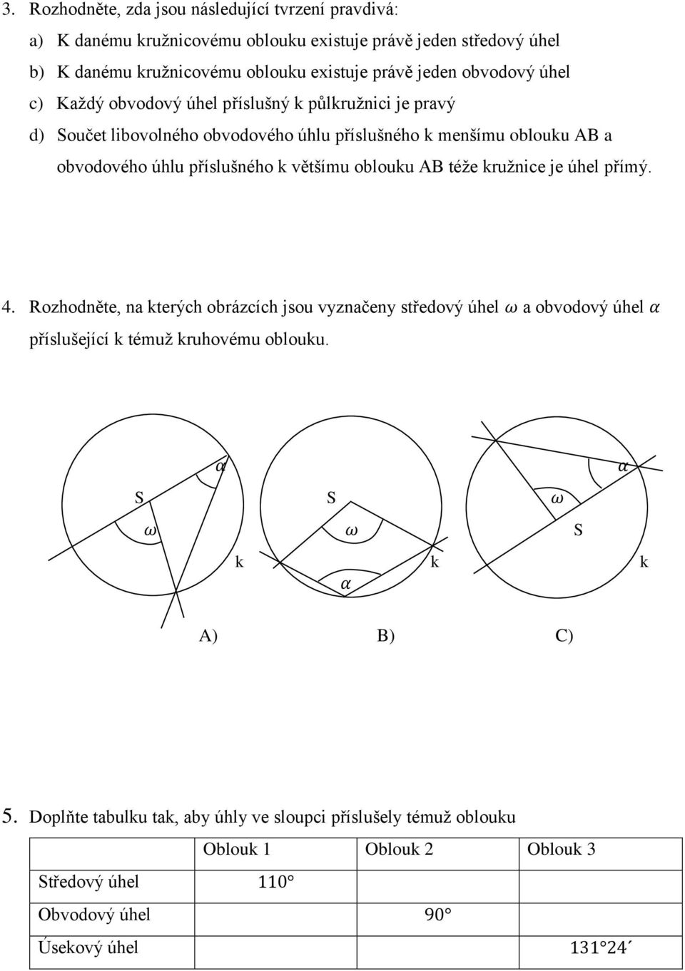 většímu oblouku AB téže kružnice je úhel přímý. 4. Rozhodněte, na kterých obrázcích jsou vyznačeny středový úhel ω a obvodový úhel α příslušející k témuž kruhovému oblouku.