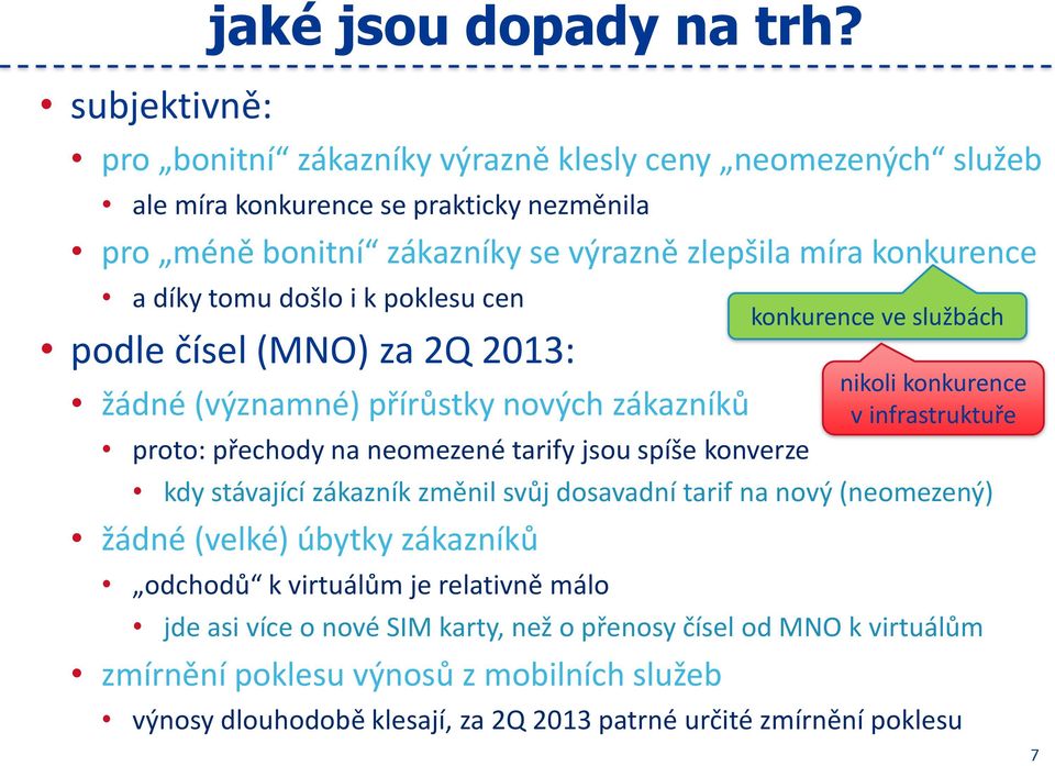 k poklesu cen podle čísel (MNO) za 2Q 2013: žádné (významné) přírůstky nových zákazníků proto: přechody na neomezené tarify jsou spíše konverze kdy stávající zákazník změnil svůj