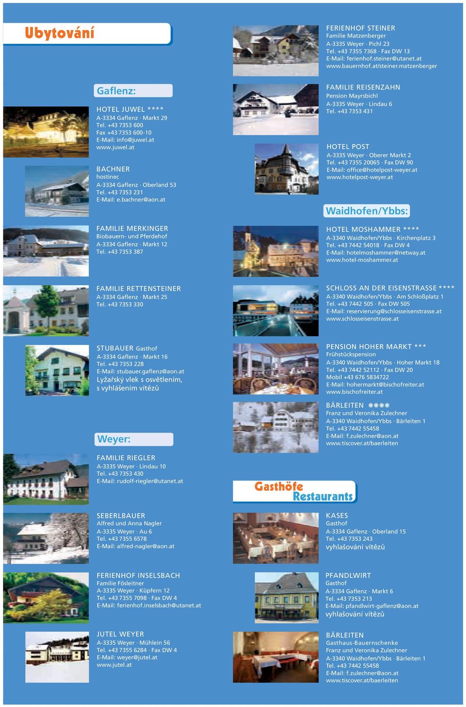 +43 7353 231 E-Mail: e.bachner@aon.at FAMILIE MERKINGER Biobauern- und Pferdehof A-3334 Gaflenz Markt 12 Tel. +43 7353 387 FAMILIE REISENZAHN Pension Mayrsbichl A-3335 Weyer Lindau 6 Tel.