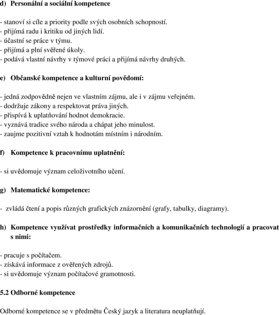 - dodržuje zákony a respektovat práva jiných. - přispívá k uplatňování hodnot demokracie. - vyznává tradice svého národa a chápat jeho minulost. - zaujme pozitivní vztah k hodnotám místním i národním.