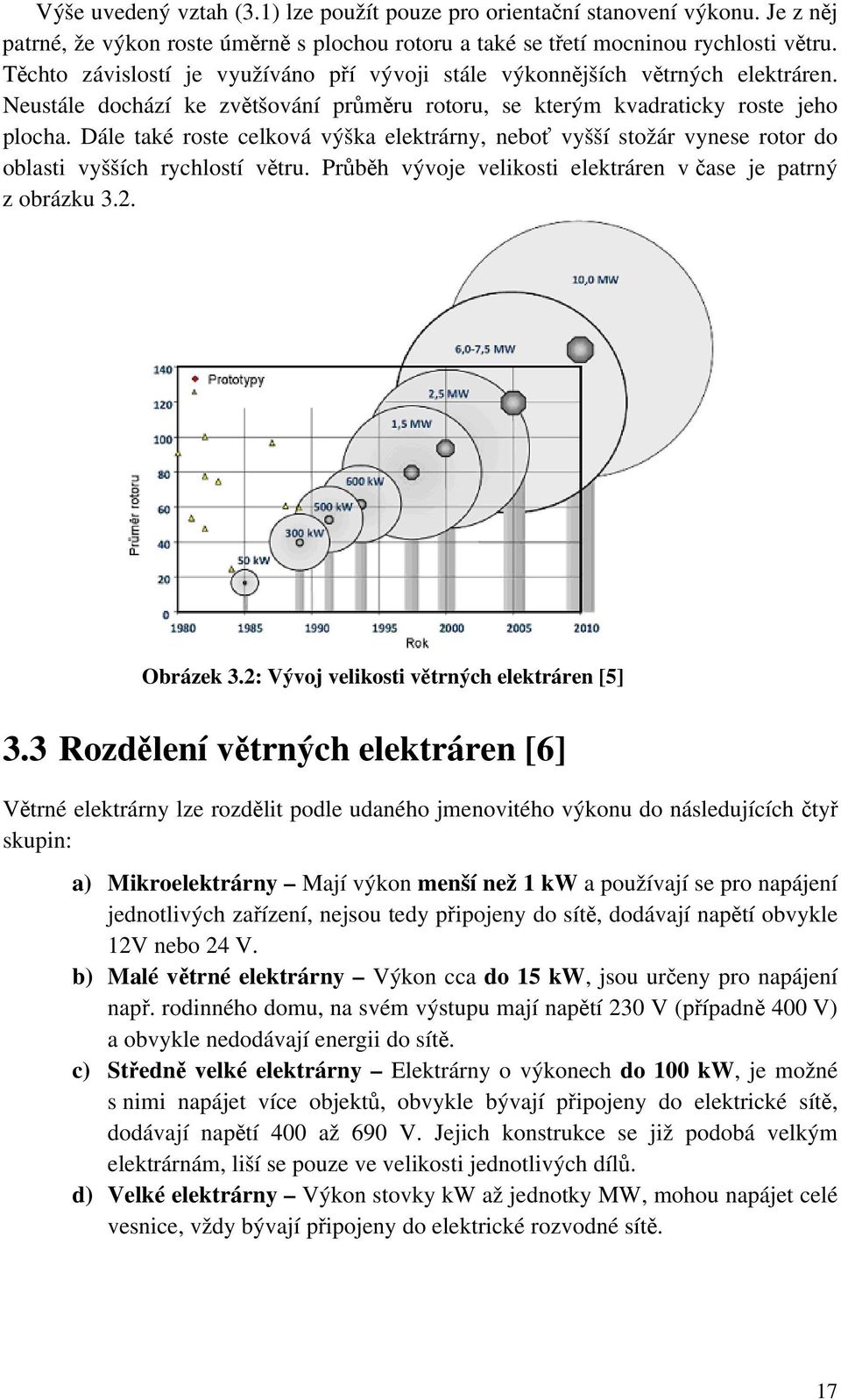 Dále také roste celková výška elektrárny, neboť vyšší stožár vynese rotor do oblasti vyšších rychlostí větru. Průběh vývoje velikosti elektráren v čase je patrný z obrázku 3.. Obrázek 3.