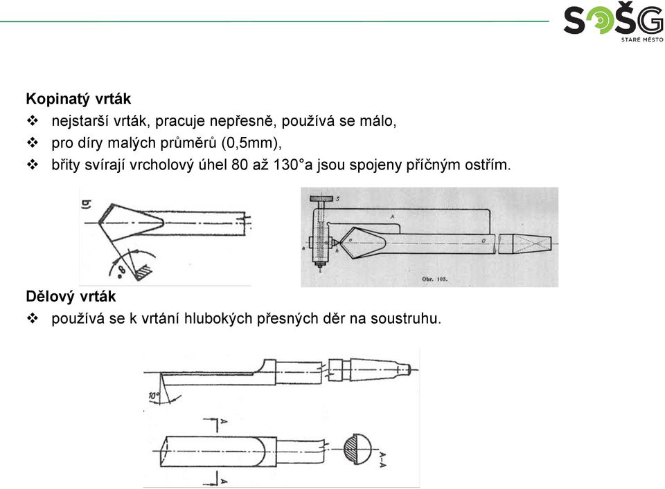 vrcholový úhel 80 až 130 a jsou spojeny příčným ostřím.