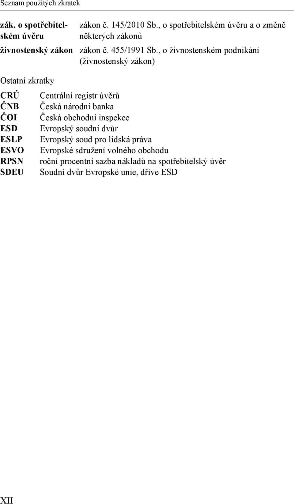 , o živnostenském podnikání (živnostenský zákon) Ostatní zkratky CRÚ ČNB ČOI ESD ESLP ESVO RPSN SDEU Centrální registr úvěrů