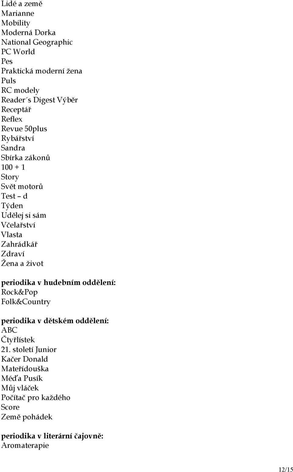 Zahrádkář Zdraví Žena a život periodika v hudebním oddělení: Rock&Pop Folk&Country periodika v dětském oddělení: ABC Čtyřlístek 21.