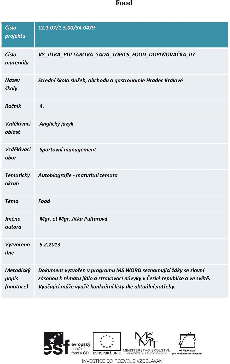 Vzdělávací oblast Anglický jazyk Vzdělávací obor Sportovní management Tematický okruh Autobiografie - maturitní témata Téma Food Jméno autora Mgr.