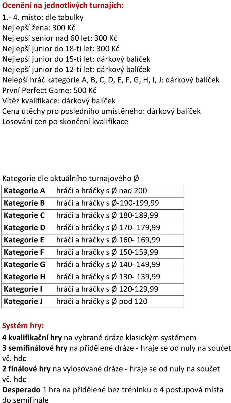 balíček Nelepší hráč kategorie A, B, C, D, E, F, G, H, I, J: dárkový balíček První Perfect Game: 500 Kč Vítěz kvalifikace: dárkový balíček Cena útěchy pro posledního umístěného: dárkový balíček