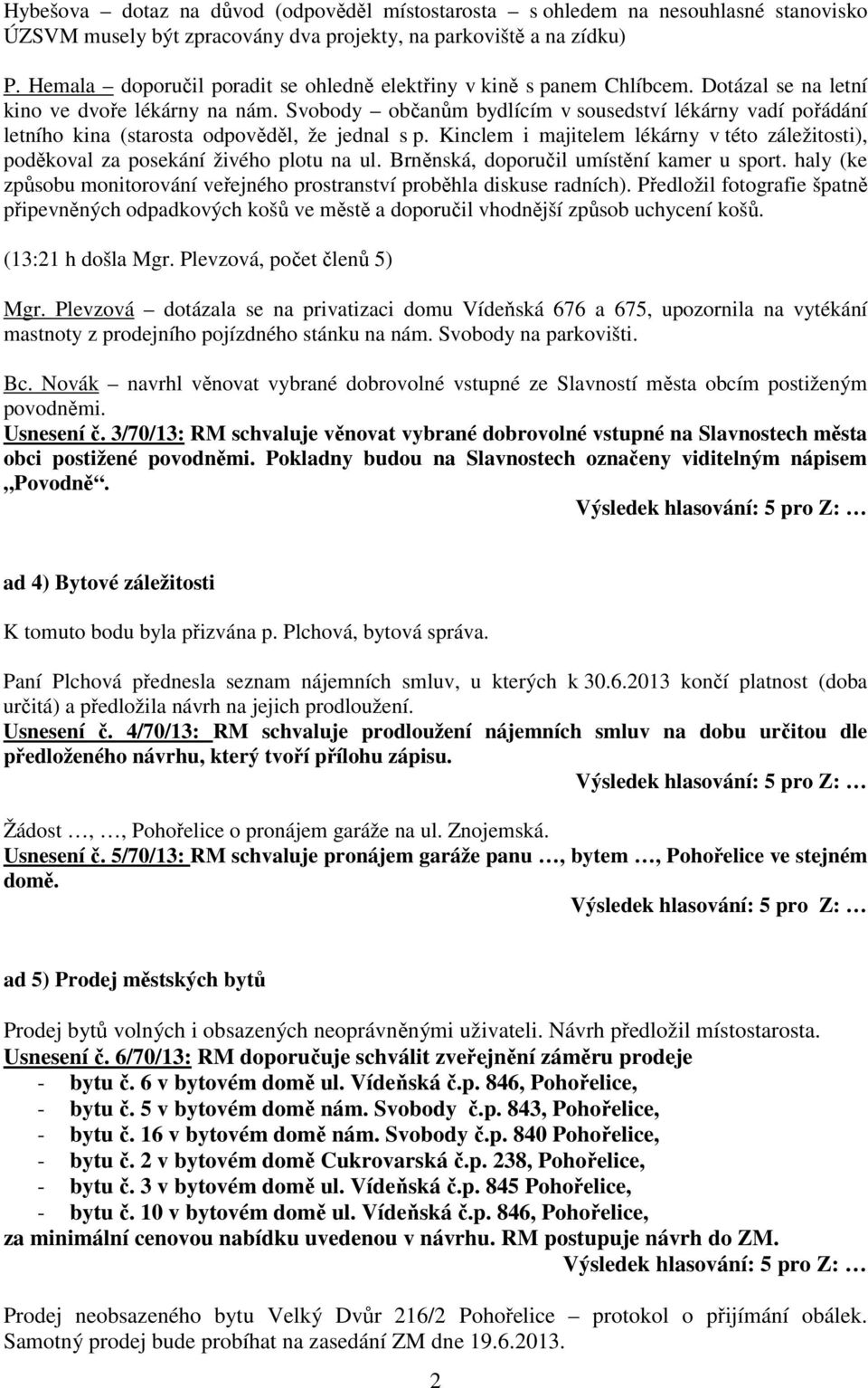 Svobody občanům bydlícím v sousedství lékárny vadí pořádání letního kina (starosta odpověděl, že jednal s p. Kinclem i majitelem lékárny v této záležitosti), poděkoval za posekání živého plotu na ul.