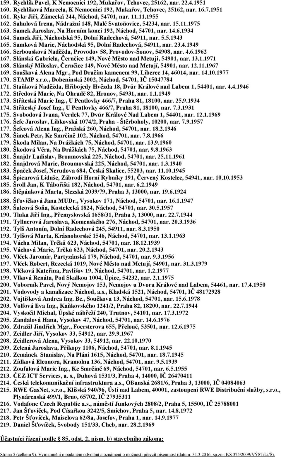 Samek Jiří, Náchodská 95, Dolní Radechová, 54911, nar. 5.5.1943 165. Samková Marie, Náchodská 95, Dolní Radechová, 54911, nar. 23.4.1949 166.