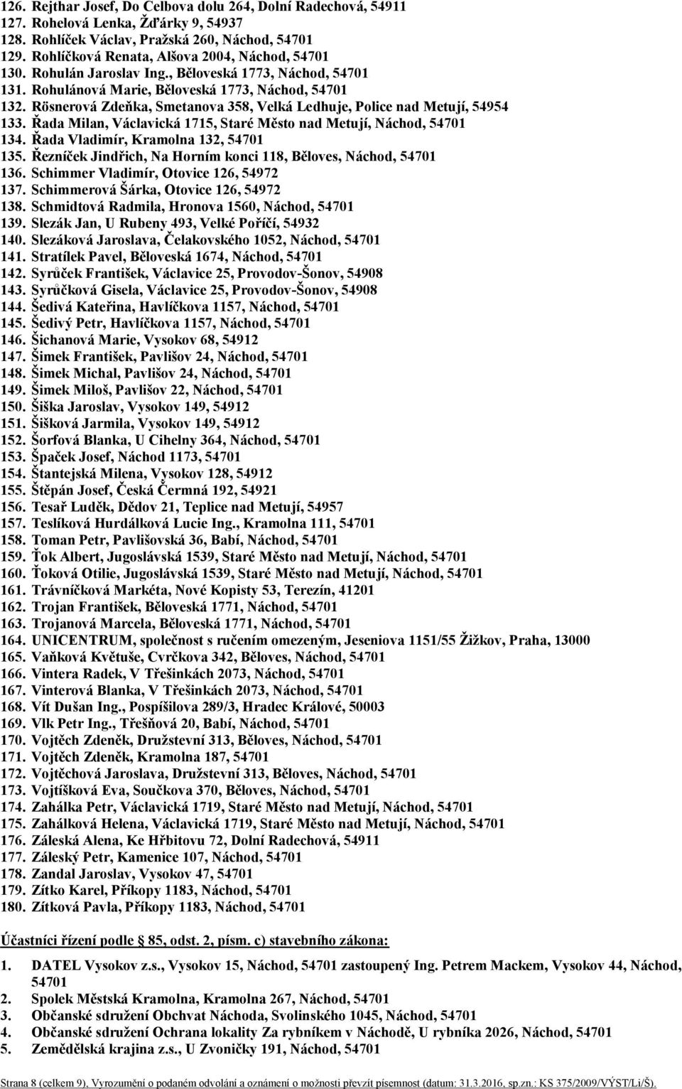 Rösnerová Zdeňka, Smetanova 358, Velká Ledhuje, Police nad Metují, 54954 133. Řada Milan, Václavická 1715, Staré Město nad Metují, Náchod, 54701 134. Řada Vladimír, Kramolna 132, 54701 135.