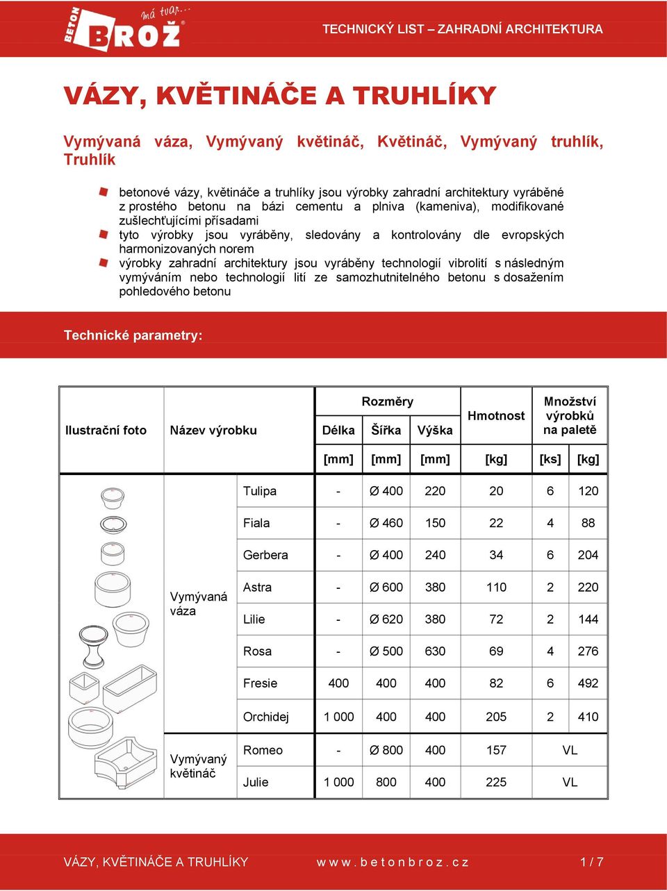 norem výrobky zahradní architektury jsou vyráběny technologií vibrolití s následným vymýváním nebo technologií lití ze samozhutnitelného betonu s dosažením pohledového betonu Technické parametry: