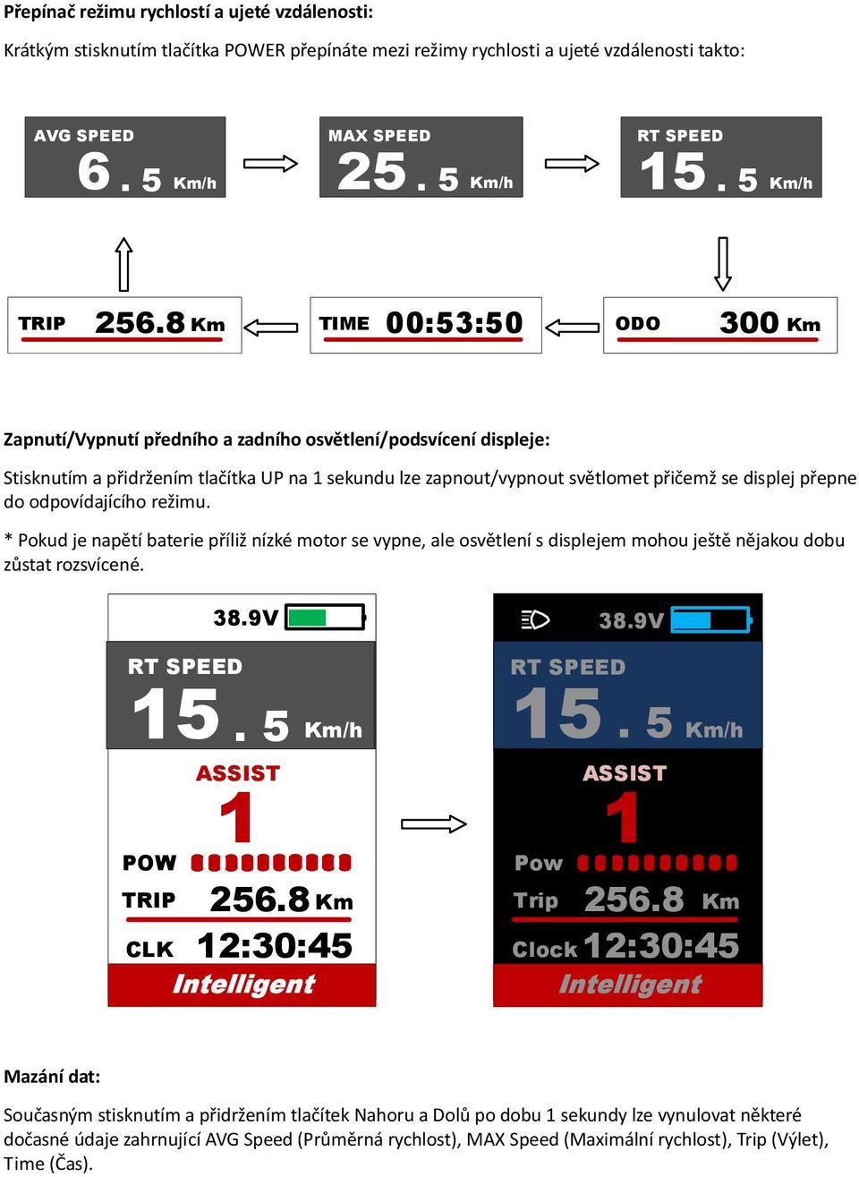 8 Km TIME 00:53:50 ODO 300 Km Zapnutí/Vypnutí předního a zadního osvětlení/podsvícení displeje: Stisknutím a přidržením tlačítka UP na 1 sekundu lze zapnout/vypnout světlomet přičemž se displej