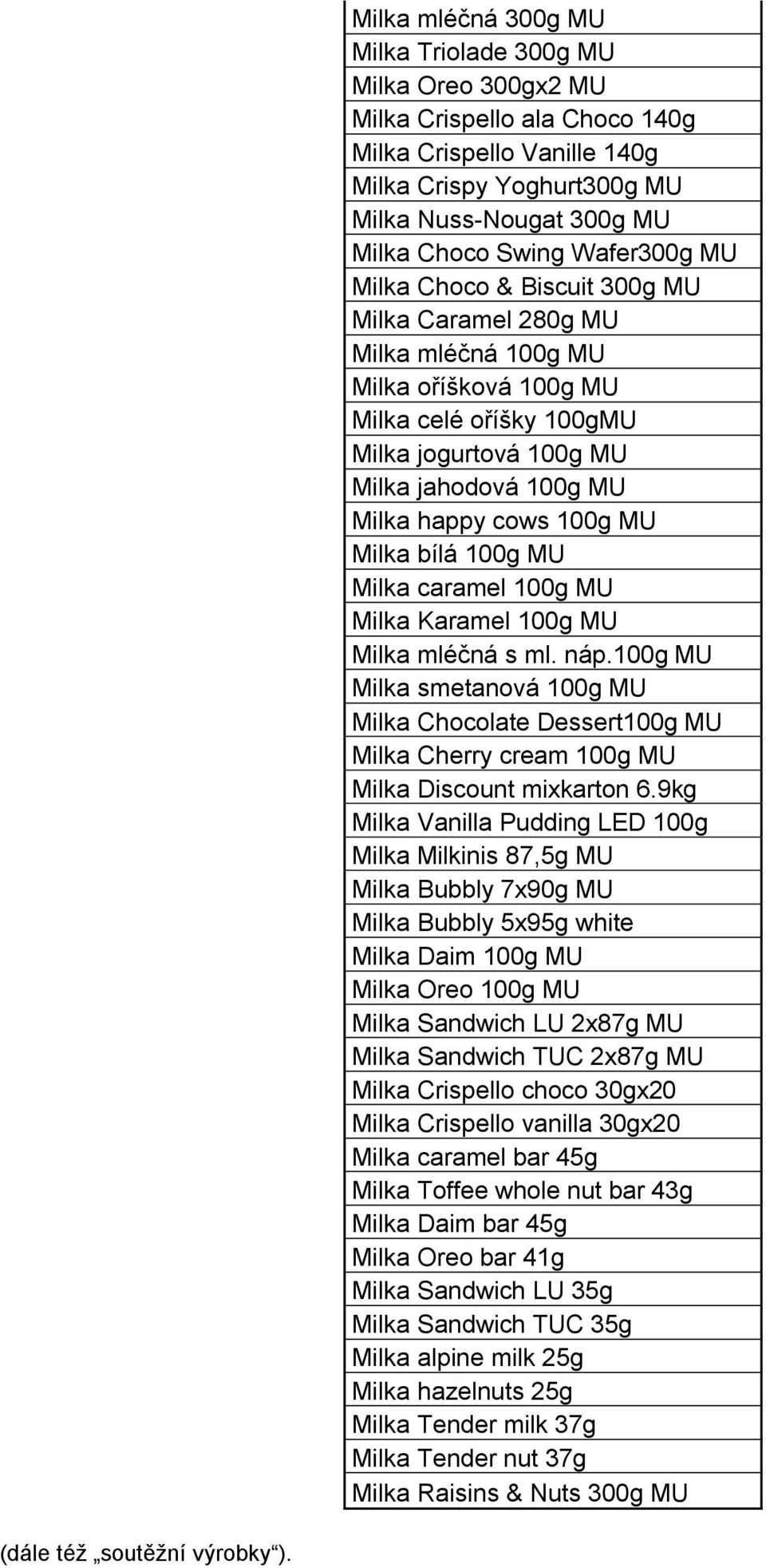 Wafer300g MU Milka Choco & Biscuit 300g MU Milka Caramel 280g MU Milka mléčná 100g MU Milka oříšková 100g MU Milka celé oříšky 100gMU Milka jogurtová 100g MU Milka jahodová 100g MU Milka happy cows