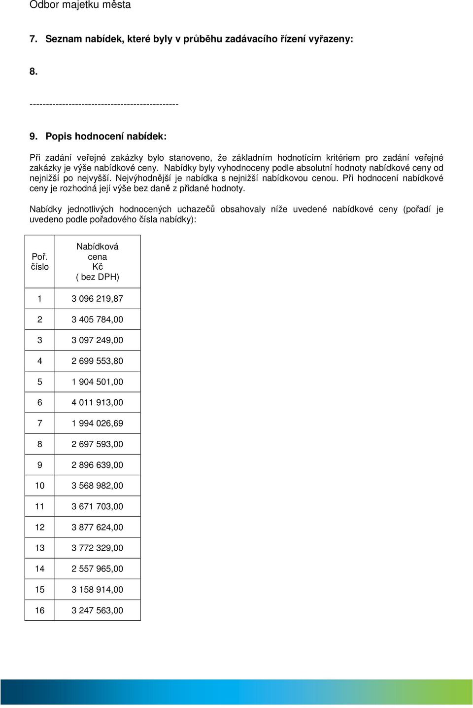 Nabídky byly vyhodnoceny podle absolutní hodnoty nabídkové ceny od nejnižší po nejvyšší. Nejvýhodnější je nabídka s nejnižší nabídkovou cenou.