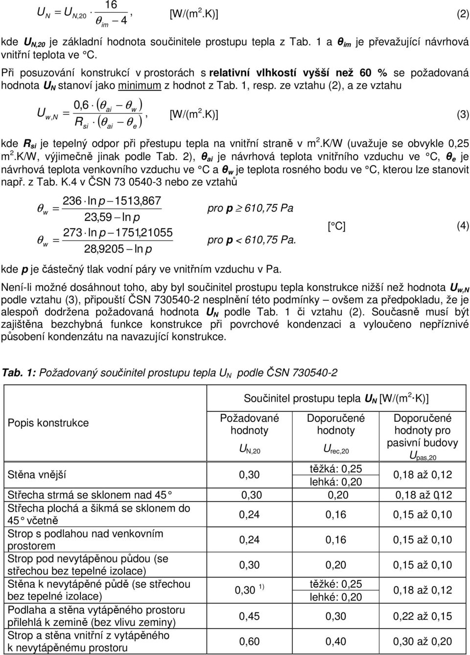 ze vztahu (2), a ze vztahu si ( θai θw ) ( θ θ ) 0,6 Uw, N, [W/(m 2.K)] (3) R ai e kde R si je tepelný odpor při přestupu tepla na vnitřní straně v m 2.K/W (uvažuje se obvykle 0,25 m 2.