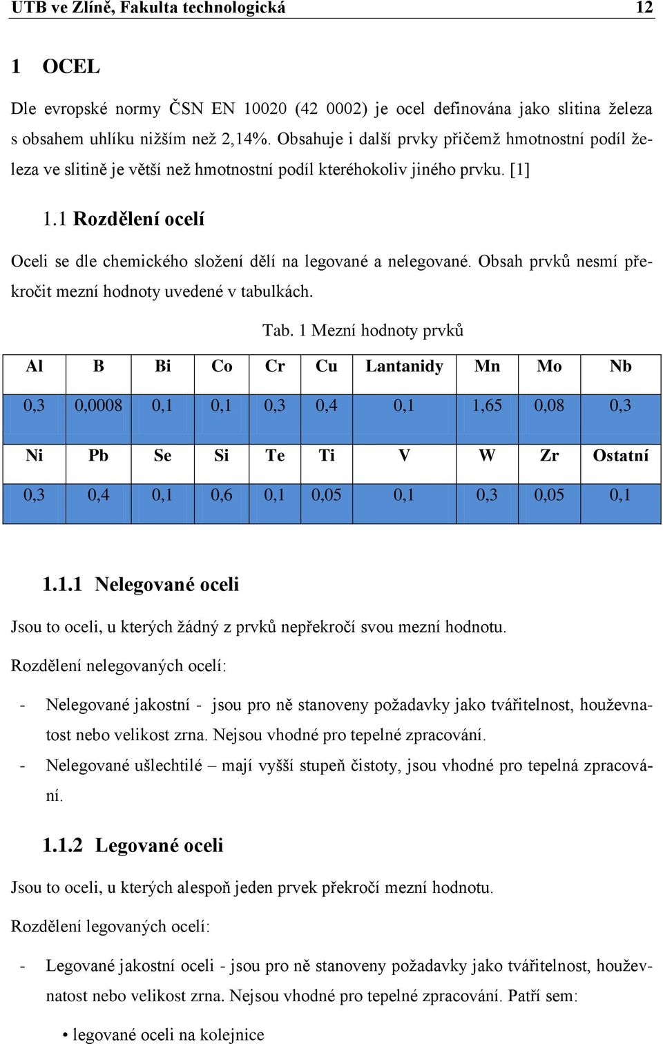 1 Rozdělení ocelí Oceli se dle chemického sloţení dělí na legované a nelegované. Obsah prvků nesmí překročit mezní hodnoty uvedené v tabulkách. Tab.