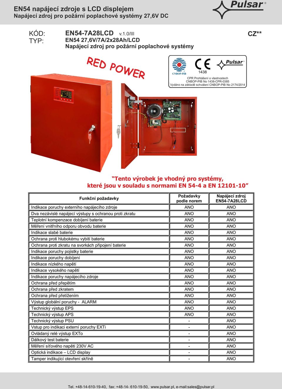 2174/2014 Tento výrobek je vhodný pro systémy, které jsou v souladu s normami EN 54-4 a EN 12101-10 Funkční požadavky Požadavky podle norem Napájecí zdroj EN54-7A28LCD Indikace poruchy externího
