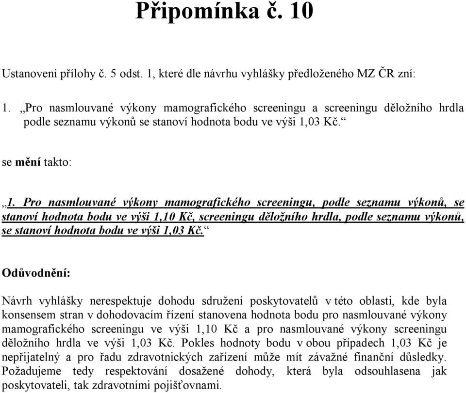 Pro nasmlouvané výkony mamografického screeningu, podle seznamu výkonů, se stanoví hodnota bodu ve výši 1,10 Kč, screeningu děložního hrdla, podle seznamu výkonů, se stanoví hodnota bodu ve výši 1,03