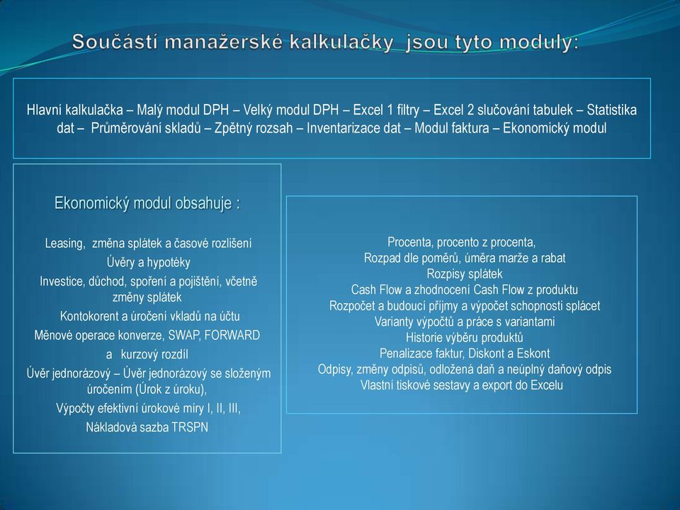 SWAP, FORWARD a kurzový rozdíl Úvěr jednorázový Úvěr jednorázový se sloţeným úročením (Úrok z úroku), Výpočty efektivní úrokové míry I, II, III, Nákladová sazba TRSPN Procenta, procento z procenta,